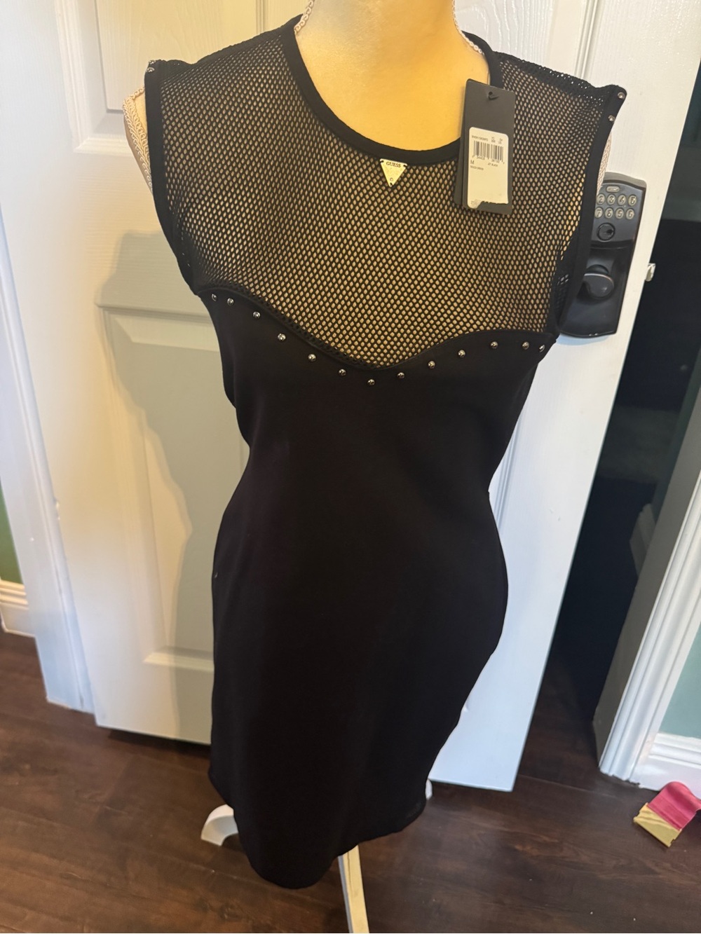 NWT Guess Black Mesh Yoke Studded Mini Dress